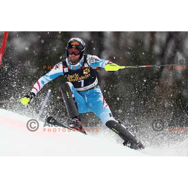 Mario Matt (AUT) skiing in first run of AUDI FIS Ski World Cup Slalom for 52.Vitranc Cup in Kranjska gora, Slovenia on March 10, 2013 