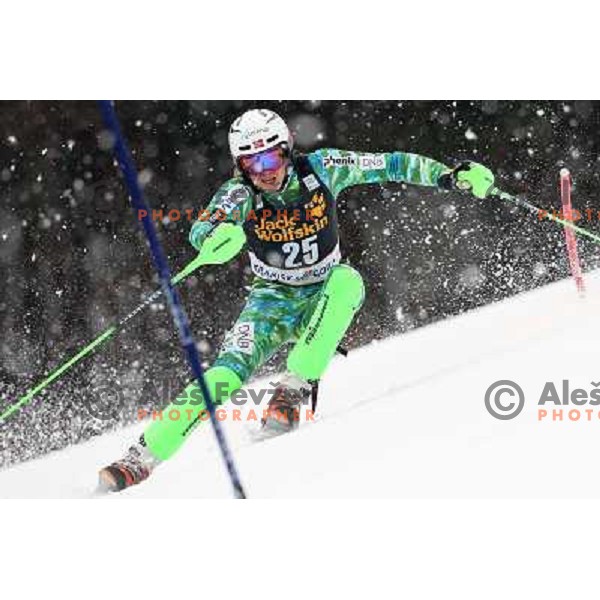 Henrik Kristoffersen (NOR) skiing in first run of AUDI FIS Ski World Cup Slalom for 52.Vitranc Cup in Kranjska gora, Slovenia on March 10, 2013 