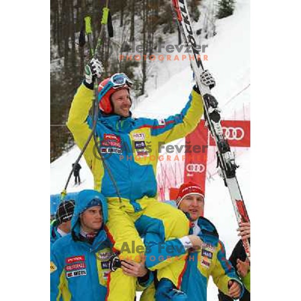 Andrej Jerman (SLO) salutes his fans at the end of his skiing career during AUDI FIS Ski World Cup Slalom for 52.Vitranc Cup in Kranjska gora, Slovenia on March 10, 2013 