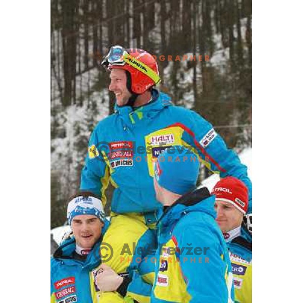 Andrej Jerman (SLO) salutes his fans at the end of his skiing career during AUDI FIS Ski World Cup Slalom for 52.Vitranc Cup in Kranjska gora, Slovenia on March 10, 2013 