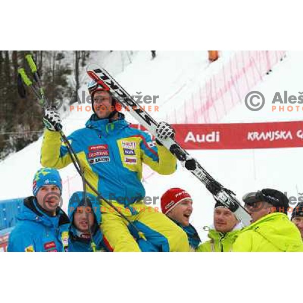 Andrej Jerman (SLO) salutes his fans at the end of his skiing career during AUDI FIS Ski World Cup Slalom for 52.Vitranc Cup in Kranjska gora, Slovenia on March 10, 2013 with his teammate Andrej Sporn 
