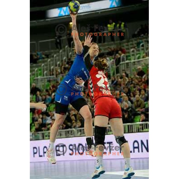 Linnea Torstensson of Krim Mercator in action during handball match Krim Mercator - Zvezda Zvenigorod in EHF Women\'s Champions league, played in Arena Stozice, Ljubljana, Slovenia on March 10, 2013 