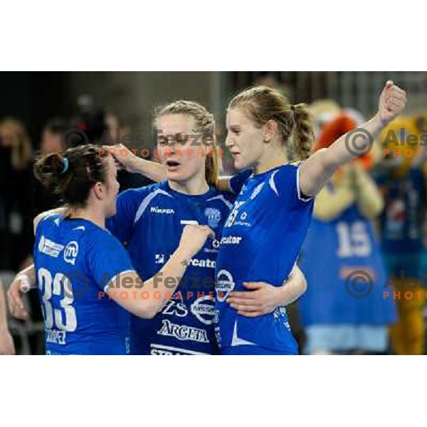 Katarina Krpez, Nina Worz, Barbara Lazovic of Krim Mercator in action during handball match Krim Mercator - Zvezda Zvenigorod in EHF Women\'s Champions league, played in Arena Stozice, Ljubljana, Slovenia on March 10, 2013 