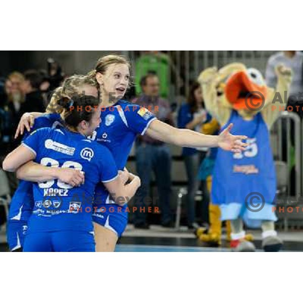 Katarina Krpez, Nina Worz, Barbara Lazovic of Krim Mercator in action during handball match Krim Mercator - Zvezda Zvenigorod in EHF Women\'s Champions league, played in Arena Stozice, Ljubljana, Slovenia on March 10, 2013 