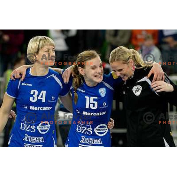 Marina Vergelyuk, Barbara Lazovic, Gabriela Kain of Krim Mercator in action during handball match Krim Mercator - Zvezda Zvenigorod in EHF Women\'s Champions league, played in Arena Stozice, Ljubljana, Slovenia on March 10, 2013 