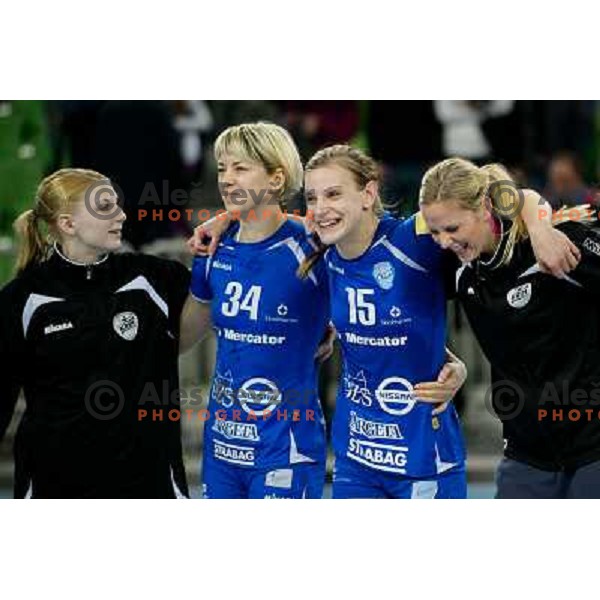 Marina Vergelyuk, Barbara Lazovic, Gabriela Kain of Krim Mercator in action during handball match Krim Mercator - Zvezda Zvenigorod in EHF Women\'s Champions league, played in Arena Stozice, Ljubljana, Slovenia on March 10, 2013 