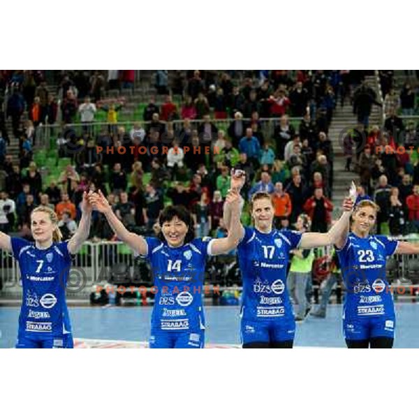 Nina Worz, Ljudmila Bodnieva, Linnea Torstensson, Andrea Penezic of Krim Mercator in action during handball match Krim Mercator - Zvezda Zvenigorod in EHF Women\'s Champions league, played in Arena Stozice, Ljubljana, Slovenia on March 10, 2013 