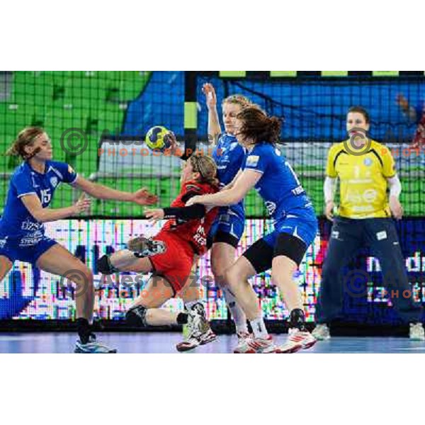 Barbara Lazovic, Nina Worz, Linnea Torstensson of Krim Mercator in action during handball match Krim Mercator - Zvezda Zvenigorod in EHF Women\'s Champions league, played in Arena Stozice, Ljubljana, Slovenia on March 10, 2013 