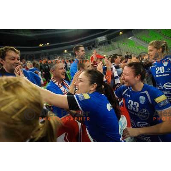 Carmen Martin, Katarina Krpez of Krim Mercator in action during handball match Krim Mercator - Zvezda Zvenigorod in EHF Women\'s Champions league, played in Arena Stozice, Ljubljana, Slovenia on March 10, 2013 