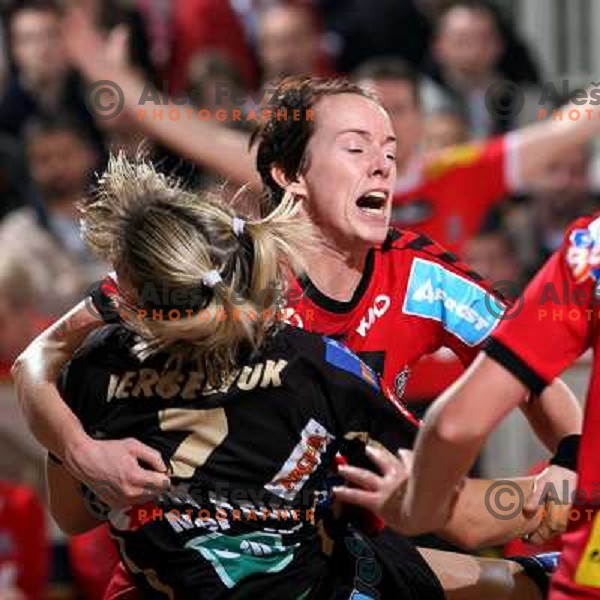 Kristine Lunde stops Vergeljuk at EHF Championsleague match Krim Mercator- Aalborg DH in Hala Tivoli, Ljubljana. Krim Mercator won the match 30:26.