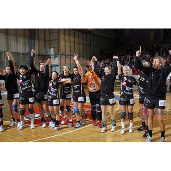 Kri Mercator players celeberate victory at EHF Championsleague match Krim Mercator- Aalborg DH in Hala Tivoli, Ljubljana. Krim Mercator won the match 30:26.