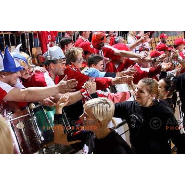 Players salute the fans at EHF Championsleague match Krim Mercator- Aalborg DH in Hala Tivoli, Ljubljana. Krim Mercator won the match 30:26.
