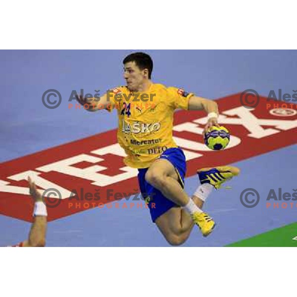 Nemanja Zelenovic in action during eight-final of EHF Velux Men\'s Champions league handball match RK Celje Pivovarna Lasko- HSV Hamburg, played in Zlatorog Arena, Celje, Slovenia on March 17, 2013 