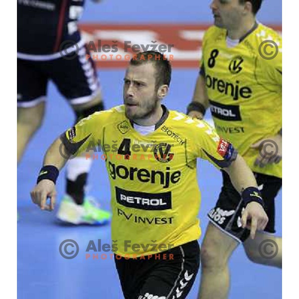 Fahrudin Melic in action during eight-final of EHF Velux Men\'s Champions league handball match RK Gorenje Velenje-Flensburg, played in Red Hall, Velenje, Slovenia on March 17, 2013 