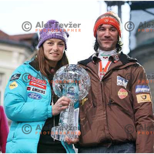 Tina Maze and Primoz Peterka at the reception of Slovenian Winter Sports Champions in Congress Square, Ljubljana, Slovenia on March 19, 2013 