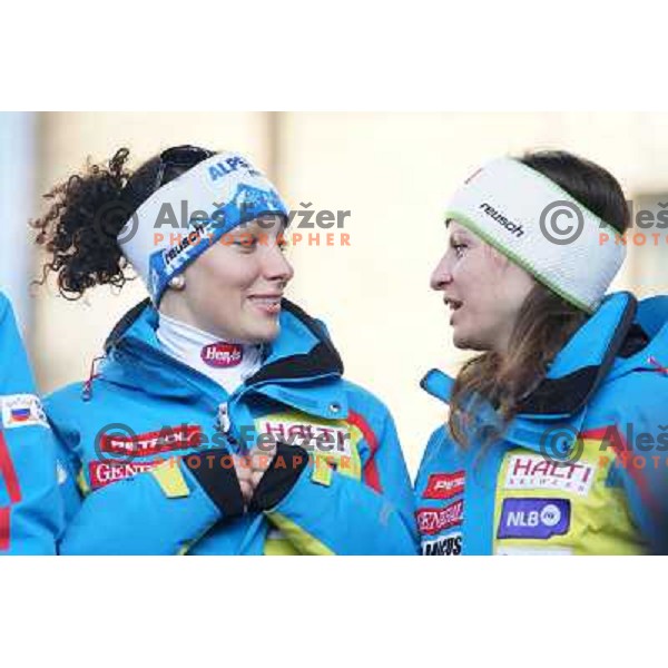 Ilka Stuhec, Mateja Robnik of Slovenia Ski team at the reception of Slovenian Winter Sports Champions in Congress Square, Ljubljana, Slovenia on March 19, 2013 