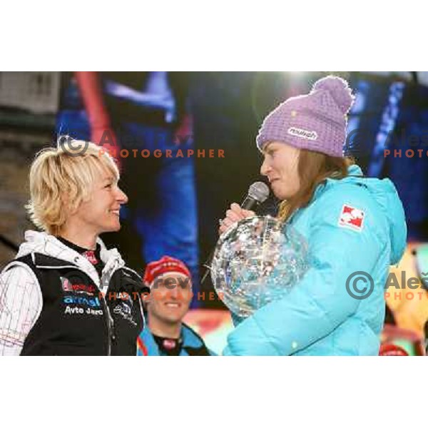 Nezka Poljansek and Tina Maze at the reception of Slovenian Winter Sports Champions in Congress Square, Ljubljana, Slovenia on March 19, 2013 