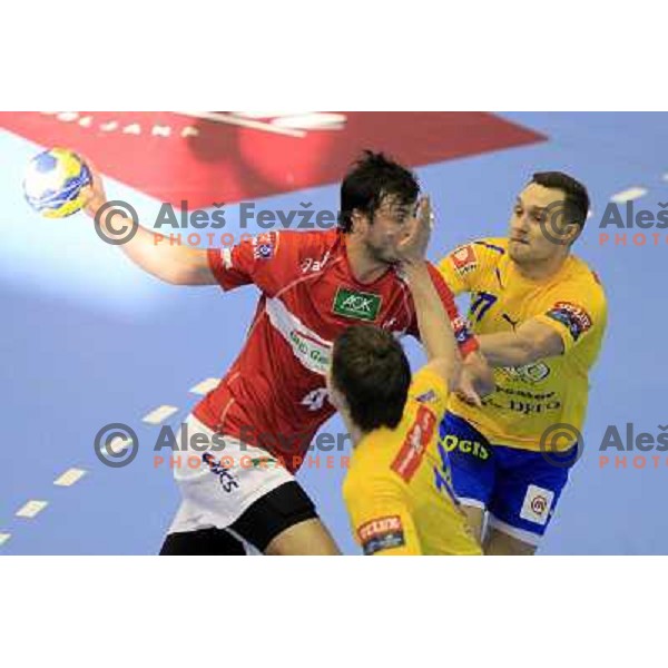 Domagoj Duvnjak, Luka Zvizej in action during eight-final of EHF Velux Men\'s Champions league handball match RK Celje Pivovarna Lasko- HSV Hamburg, played in Zlatorog Arena, Celje, Slovenia on March 17, 2013 