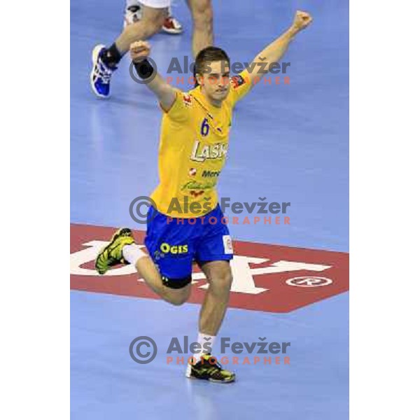 Gasper Marguc in action during eight-final of EHF Velux Men\'s Champions league handball match RK Celje Pivovarna Lasko- HSV Hamburg, played in Zlatorog Arena, Celje, Slovenia on March 17, 2013 