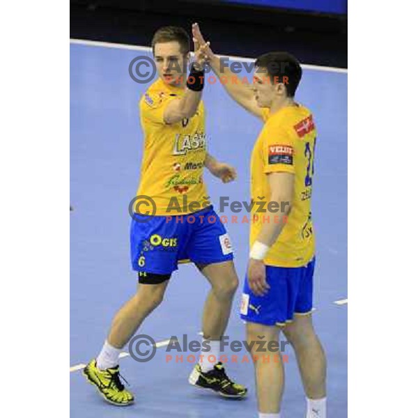 Gasper Marguc, Nemanja Zelenovic in action during eight-final of EHF Velux Men\'s Champions league handball match RK Celje Pivovarna Lasko- HSV Hamburg, played in Zlatorog Arena, Celje, Slovenia on March 17, 2013 