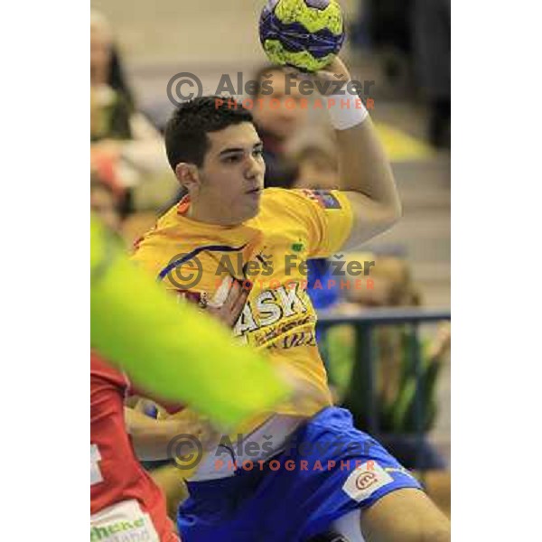 Blaz Janc in action during eight-final of EHF Velux Men\'s Champions league handball match RK Celje Pivovarna Lasko- HSV Hamburg, played in Zlatorog Arena, Celje, Slovenia on March 17, 2013 