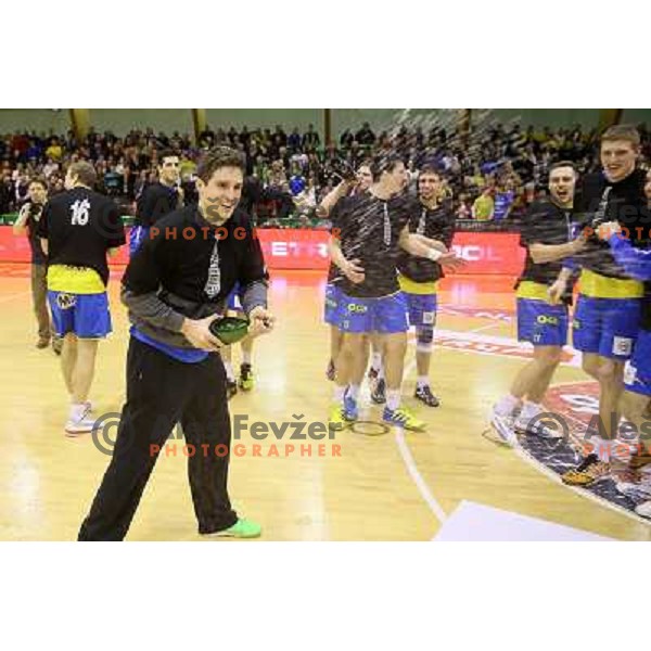Matevz Skok celebrates victory at handball match Gorenje Velenje-Celje Pivovarna Lasko in the Final of Slovenian Handball Cup played in Tri Lilije Hall, Lasko, Slovenia on March 3, 2013 