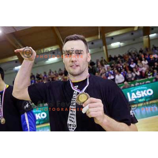 Luka Zvizej celebrates victory at handball match Gorenje Velenje-Celje Pivovarna Lasko in the Final of Slovenian Handball Cup played in Tri Lilije Hall, Lasko, Slovenia on March 3, 2013 