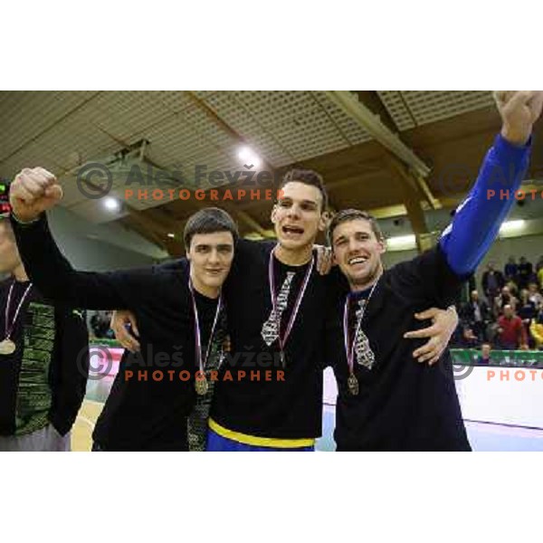 Borut Mackovsek,Urban Lesjak celebrate victory at handball match Gorenje Velenje-Celje Pivovarna Lasko in the Final of Slovenian Handball Cup played in Tri Lilije Hall, Lasko, Slovenia on March 3, 2013 