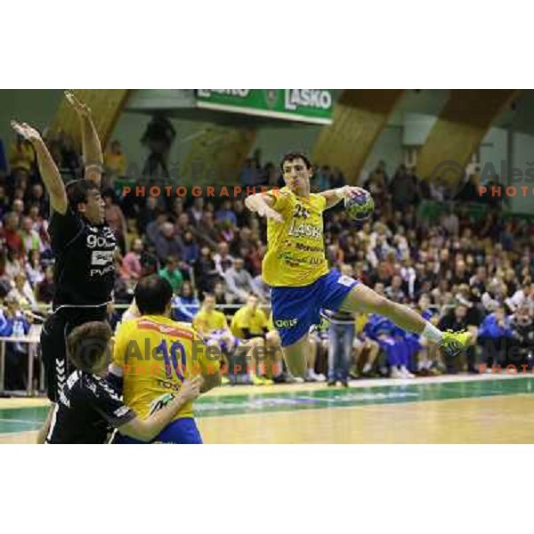 Nemanja Zelenovic in action at handball match Gorenje Velenje-Celje Pivovarna Lasko in the Final of Slovenian Handball Cup played in Tri Lilije Hall, Lasko, Slovenia on March 3, 2013 