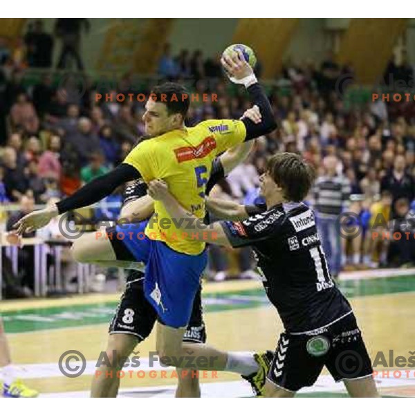 Borut Mackovsek in action at handball match Gorenje Velenje-Celje Pivovarna Lasko in the Final of Slovenian Handball Cup played in Tri Lilije Hall, Lasko, Slovenia on March 3, 2013 