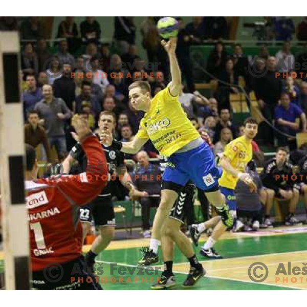 Gasper Marguc in action at handball match Gorenje Velenje-Celje Pivovarna Lasko in the Final of Slovenian Handball Cup played in Tri Lilije Hall, Lasko, Slovenia on March 3, 2013 