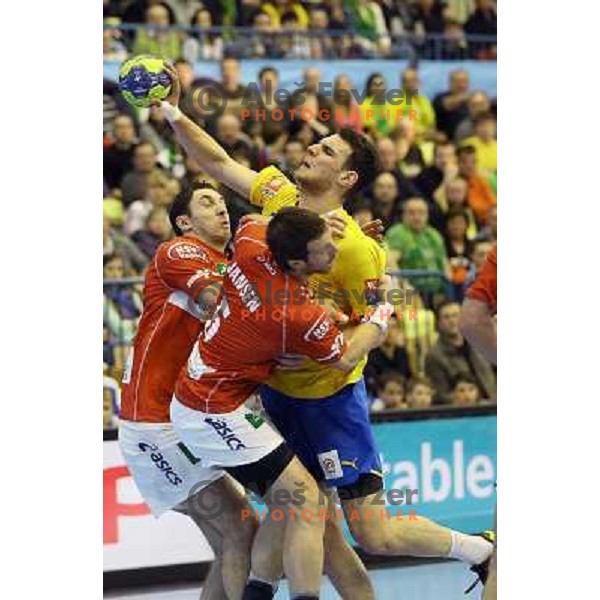 Borut Mackovsek in action during eight-final of EHF Velux Men\'s Champions league handball match RK Celje Pivovarna Lasko- HSV Hamburg, played in Zlatorog Arena, Celje, Slovenia on March 17, 2013 