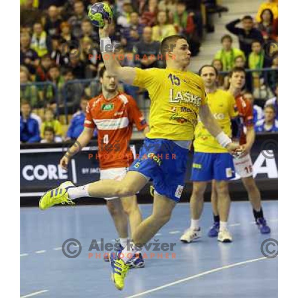 Vid Poteko in action during eight-final of EHF Velux Men\'s Champions league handball match RK Celje Pivovarna Lasko- HSV Hamburg, played in Zlatorog Arena, Celje, Slovenia on March 17, 2013 