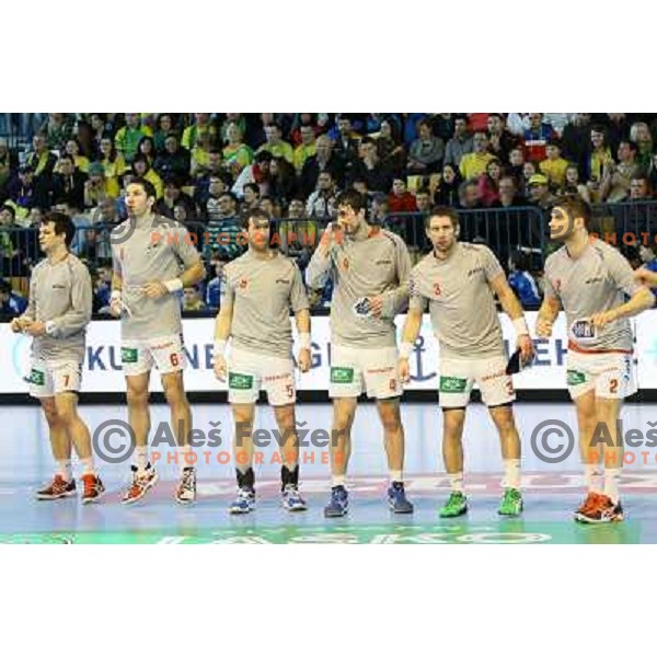 Players of HSV Hamburg during eight-final of EHF Velux Men\'s Champions league handball match RK Celje Pivovarna Lasko- HSV Hamburg, played in Zlatorog Arena, Celje, Slovenia on March 17, 2013 