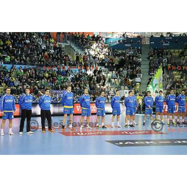 Players of Celje PL during eight-final of EHF Velux Men\'s Champions league handball match RK Celje Pivovarna Lasko- HSV Hamburg, played in Zlatorog Arena, Celje, Slovenia on March 17, 2013 
