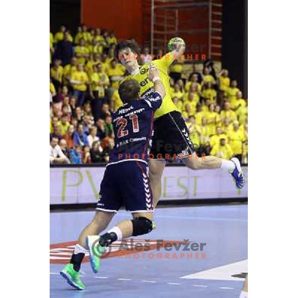 Jure Dolenec in action during eight-final of EHF Velux Men\'s Champions league handball match RK Gorenje Velenje-Flensburg, played in Red Hall, Velenje, Slovenia on March 17, 2013 