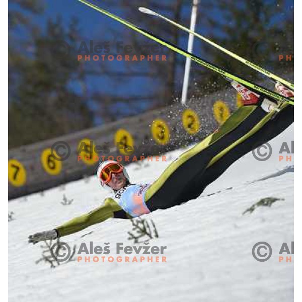 Jurij Tepes of Slovenia during qualification jump at the Final of FIS Ski jumping World Cup in Planica, Slovenia on March 21, 2913 