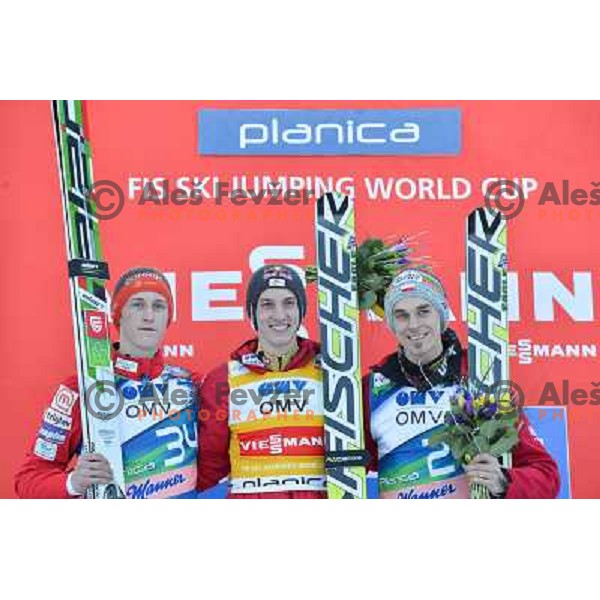 Peter Prevc of Slovenia, Gregor Schlierenzauer of Austria and Piotr Zyla of Poalnd during of FIS Ski Jumping World Cup Planica, March 22th, 2013 in Planica, Slovenia. 