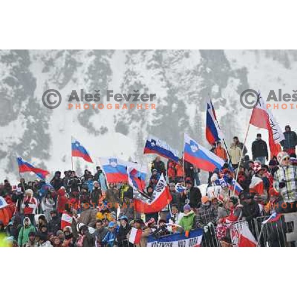 Spectators during final competition at FIS Ski jumping World Cup Final in Planica, Slovenia on March 24, 2013 
