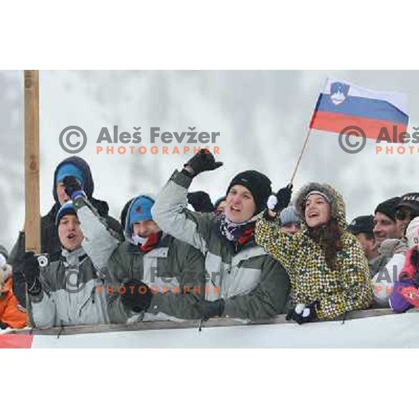 Spectators during final competition at FIS Ski jumping World Cup Final in Planica, Slovenia on March 24, 2013 