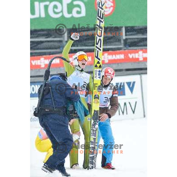 Jurij Tepes and Robert Kranjec of Slovenia during final competition at FIS Ski jumping World Cup Final in Planica, Slovenia on March 24, 2013 