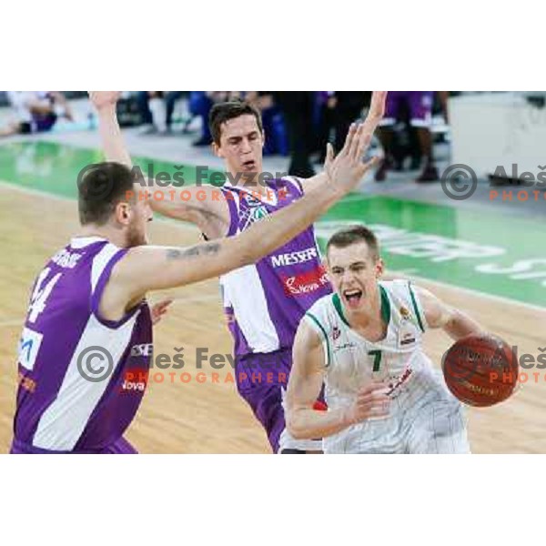 Igor Josipovic, Jure Pelko of Maribor Messer and Klemen Prepelic of Union Olimpija in action during basketball match Union Olimpija-Maribr Messer in fourth round of Telemach league, played in Arena Stozice, Ljubljana, Slovenia on April 3 ,2013 