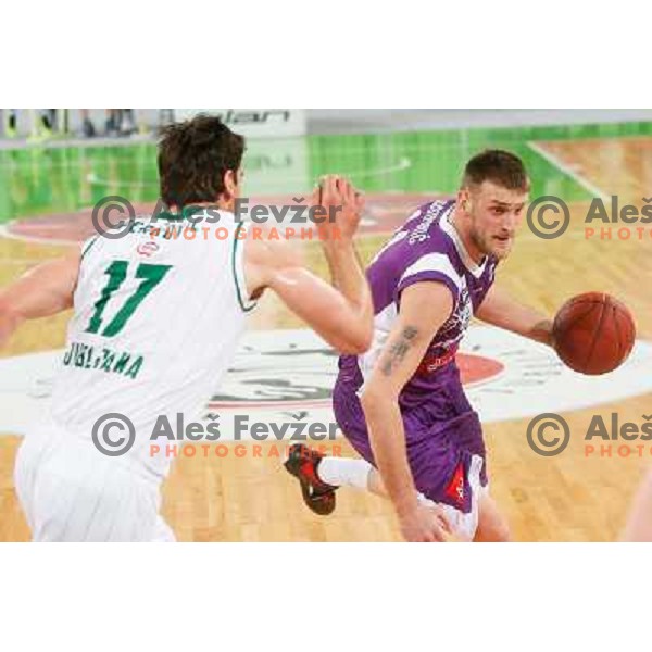 Igor Josipovic of Maribor Messer and Jasmin Perkovic of Union Olimpija in action during basketball match Union Olimpija-Maribr Messer in fourth round of Telemach league, played in Arena Stozice, Ljubljana, Slovenia on April 3 ,2013 