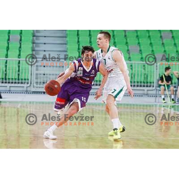 Bojan Jovanovic of Maribor Messer and Klemen Prepelic of Union Olimpija in action during basketball match Union Olimpija-Maribr Messer in fourth round of Telemach league, played in Arena Stozice, Ljubljana, Slovenia on April 3 ,2013 