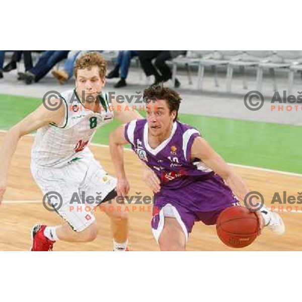 Jaka Blazic of Union Olimpija and Bojan Jovanovic of Maribor Messer in action during basketball match Union Olimpija-Maribr Messer in fourth round of Telemach league, played in Arena Stozice, Ljubljana, Slovenia on April 3 ,2013 