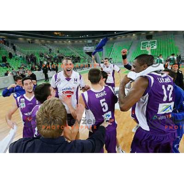 Team of Maribor Messer in action during basketball match Union Olimpija-Maribr Messer in fourth round of Telemach league, played in Arena Stozice, Ljubljana, Slovenia on April 3 ,2013 