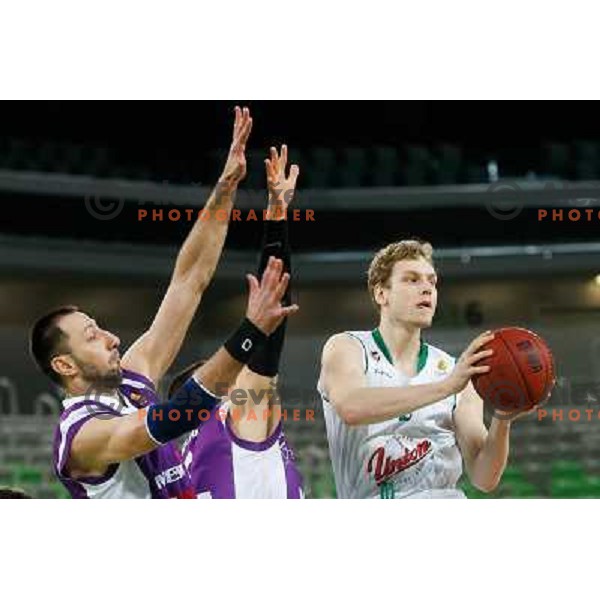 Esmir Rizvic of Maribor Messer and Jaka Blazic of Union Olimpija in action during basketball match Union Olimpija-Maribr Messer in fourth round of Telemach league, played in Arena Stozice, Ljubljana, Slovenia on April 3 ,2013 