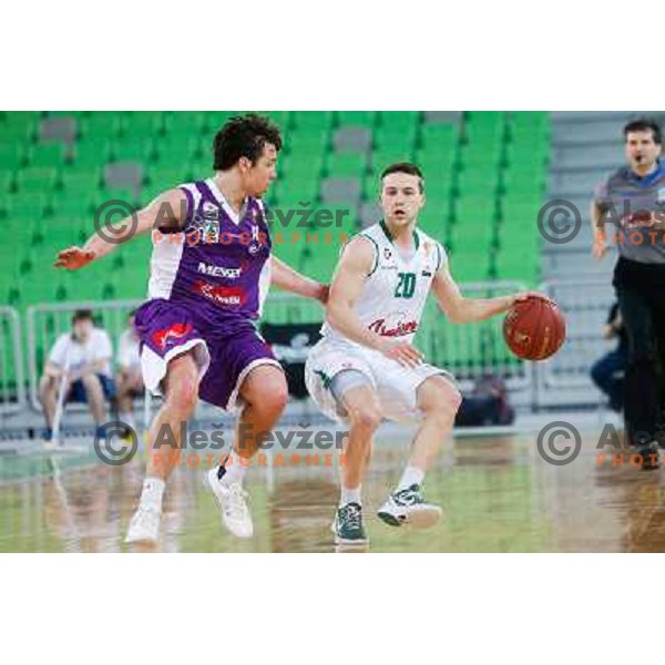 Bojan Jovanovic of Maribor Messer and Jan Mocnik of Union Olimpija in action during basketball match Union Olimpija-Maribr Messer in fourth round of Telemach league, played in Arena Stozice, Ljubljana, Slovenia on April 3 ,2013 