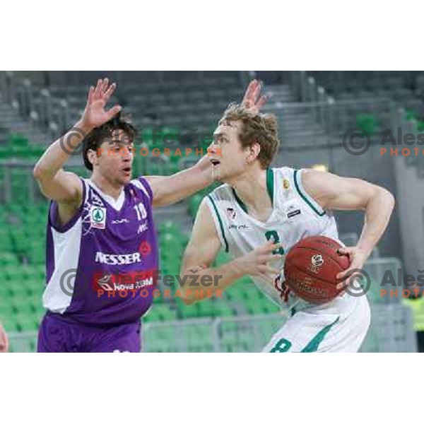 Bojan Jovanovic of Maribor Messer and Jaka Blazic of Union Olimpija in action during basketball match Union Olimpija-Maribr Messer in fourth round of Telemach league, played in Arena Stozice, Ljubljana, Slovenia on April 3 ,2013 