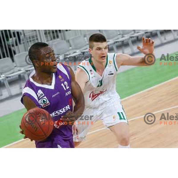 Ruphin Tshiabu Kayembe of Maribor Messer and Dino Muric of of Union Olimpija in action during basketball match Union Olimpija-Maribr Messer in fourth round of Telemach league, played in Arena Stozice, Ljubljana, Slovenia on April 3 ,2013 